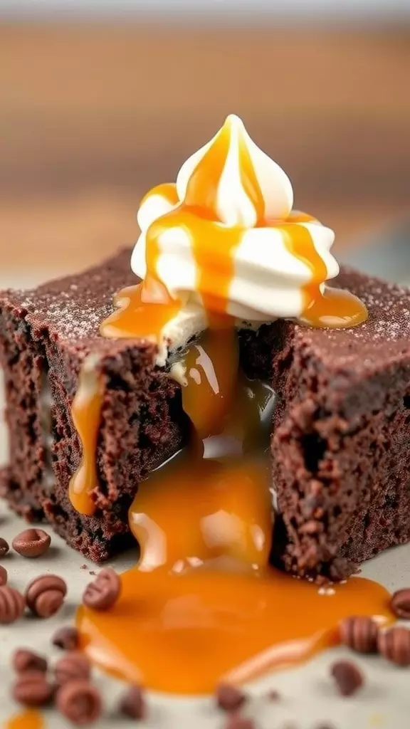 A slice of chocolate cake with caramel sauce and whipped cream on top