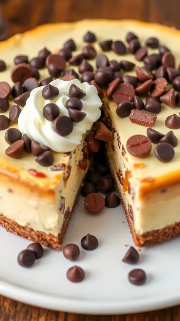 A delicious chocolate chip cheesecake topped with chocolate chips and whipped cream on a white plate.