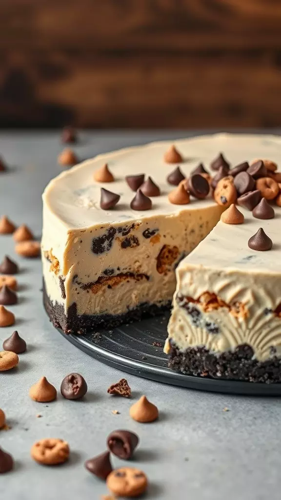 A slice of Chocolate Chip Cookie Dough Cheesecake with chocolate chips and cookie dough pieces on top.