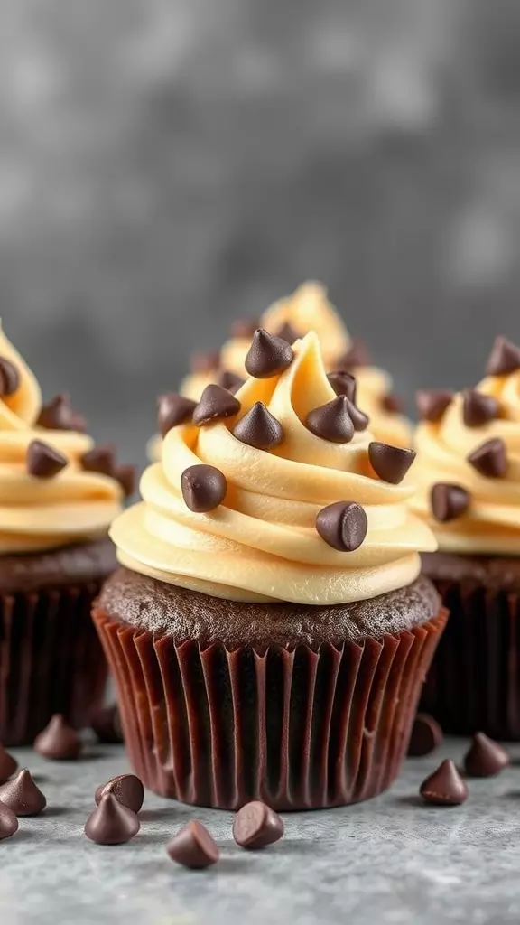 Chocolate chip cookie dough cupcakes with frosting and chocolate chips on top.