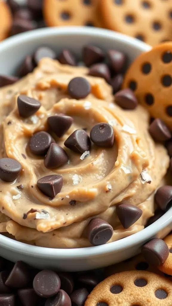 A creamy chocolate chip cookie dough dip topped with chocolate chips and served with cookies.