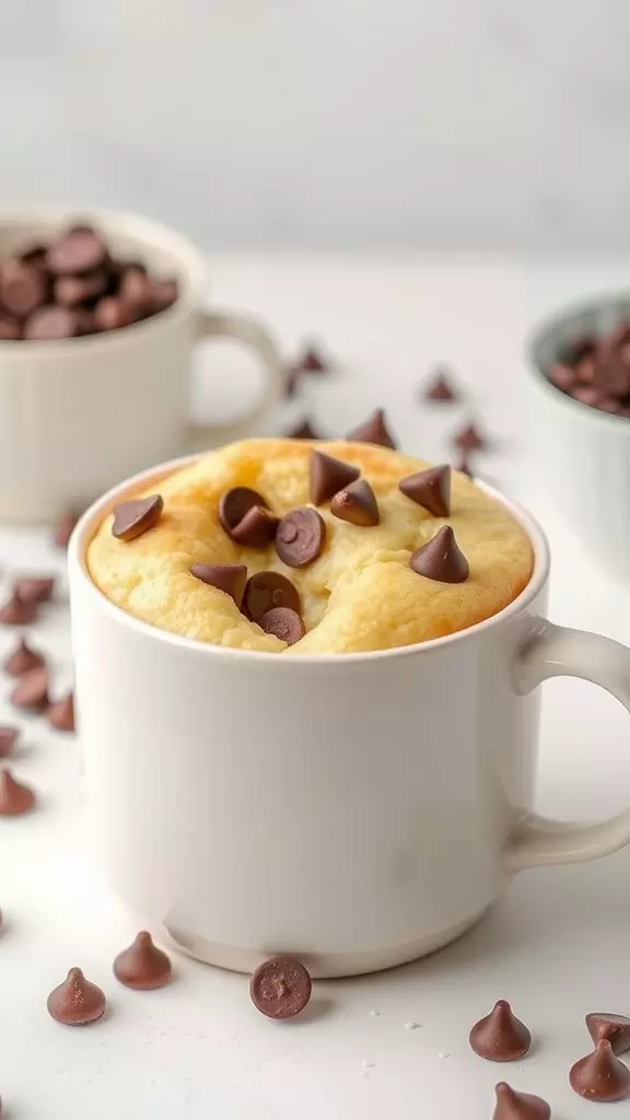 Chocolate Chip Mug Cake in a white mug topped with chocolate chips