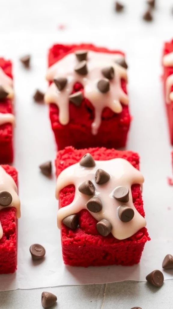 Chocolate Chip Red Velvet Mini Loaves topped with chocolate chips and frosting