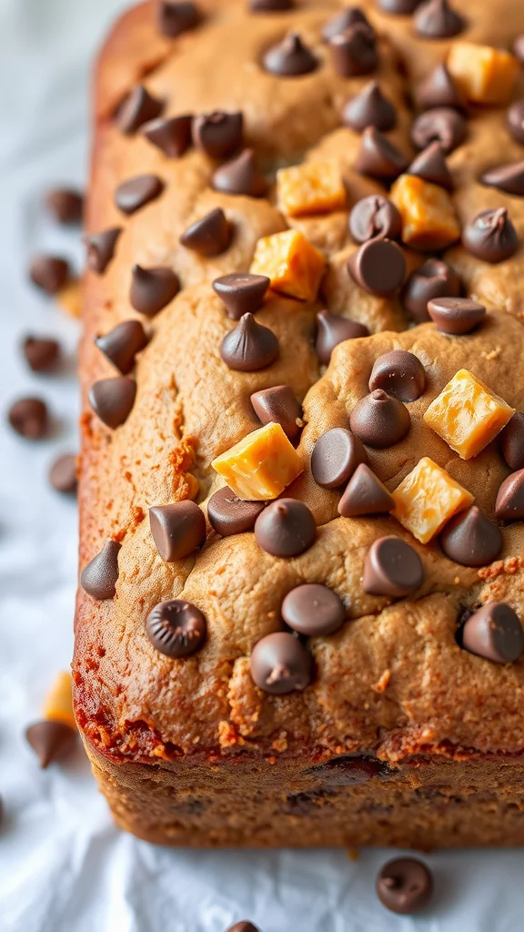 Chocolate chip toffee cake with pieces cut out on a plate.