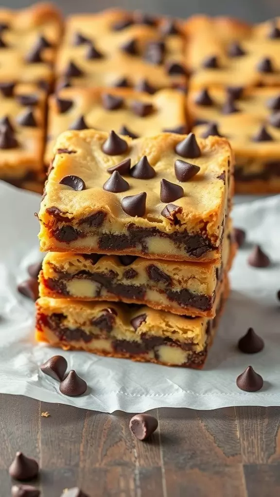 Delicious chocolate chip zucchini bars stacked on parchment paper with chocolate chips scattered around.