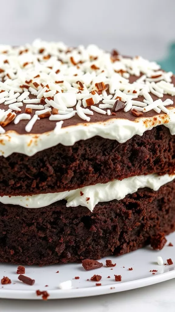 A close-up of a chocolate coconut marshmallow cake with white frosting and chocolate shavings on top.