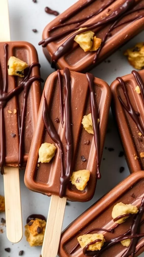 Chocolate cookie dough popsicles drizzled with chocolate and topped with cookie dough pieces.