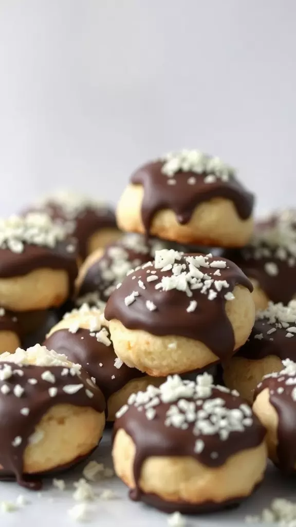 A close-up of chocolate dipped coconut macaroons topped with shredded coconut.