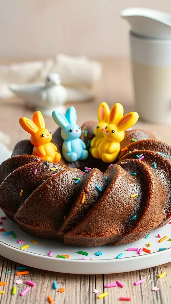 Chocolate Easter Bundt Cake decorated with colorful bunny figures and sprinkles.