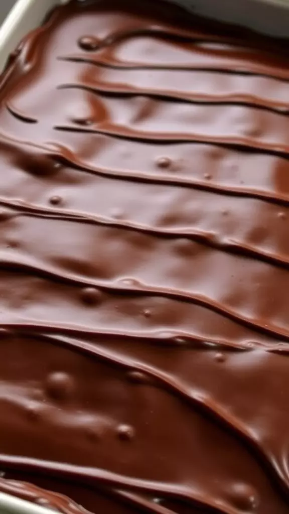 Close-up of a chocolate eclair cake topped with smooth chocolate icing.