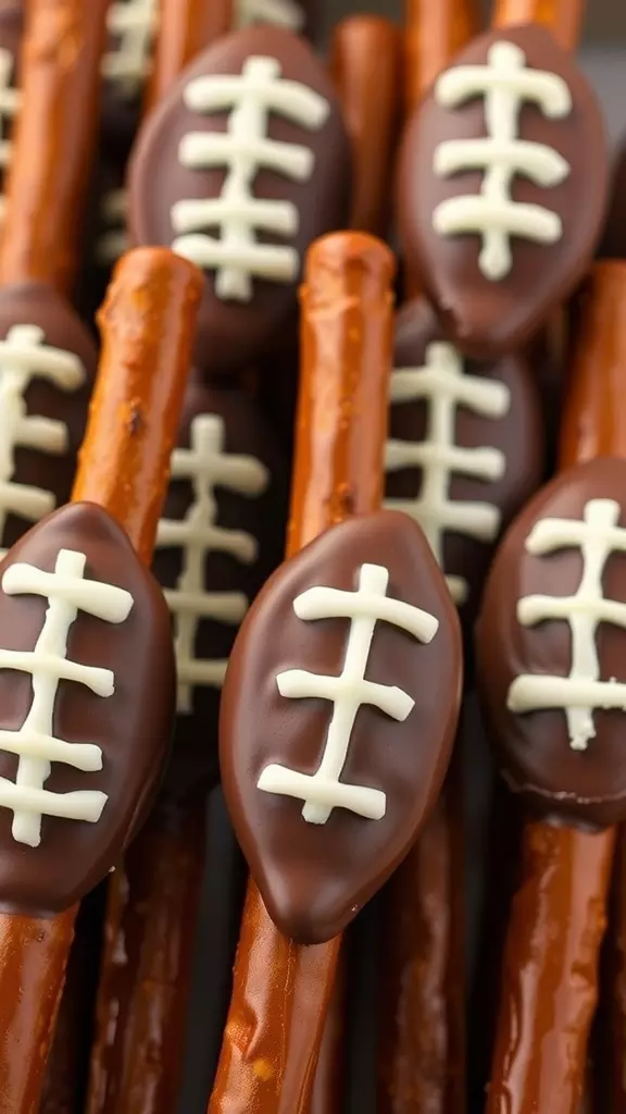 These Chocolate Football Pretzel Rods are a fun and easy treat for game day! Just dip pretzel rods in chocolate and decorate them to look like footballs. You can find the full recipe here for a tasty snack that everyone will love!