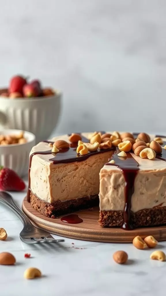 A delicious chocolate hazelnut no bake cheesecake topped with nuts and chocolate sauce.