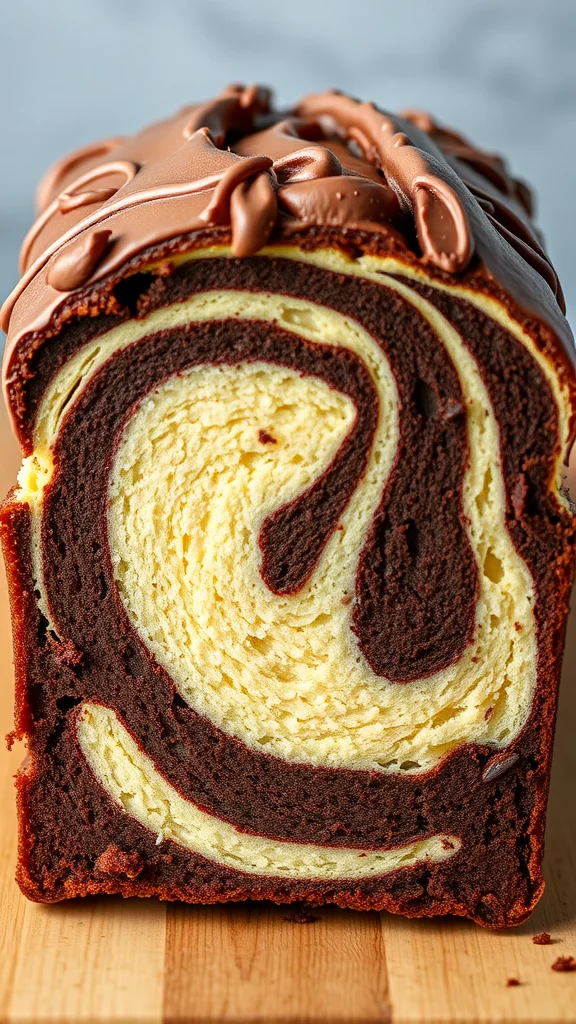 A close-up of a chocolate marble pound cake showcasing its swirly patterns of chocolate and vanilla batter.