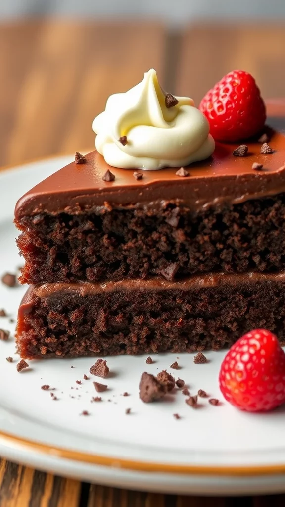 A slice of chocolate mayonnaise cake with frosting and chocolate pieces.