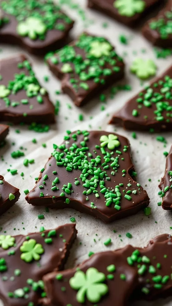 Chocolate Mint Shamrock Bark with green sprinkles and shamrock shapes