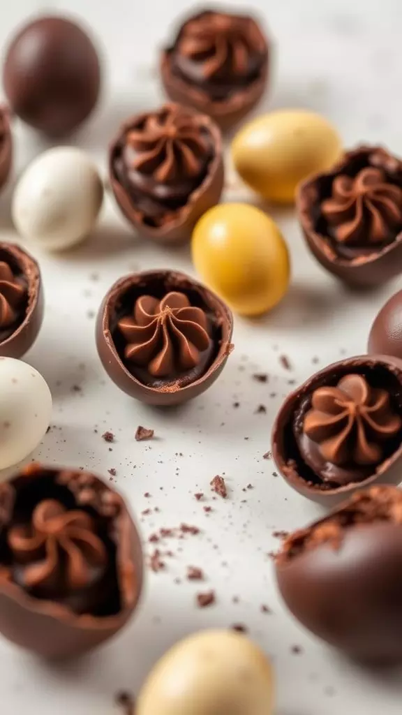 Chocolate mousse filled Easter eggs with colorful candy eggs scattered around.