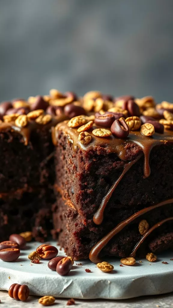 Chocolate No-Frost Oatmeal Cake with coffee bean topping