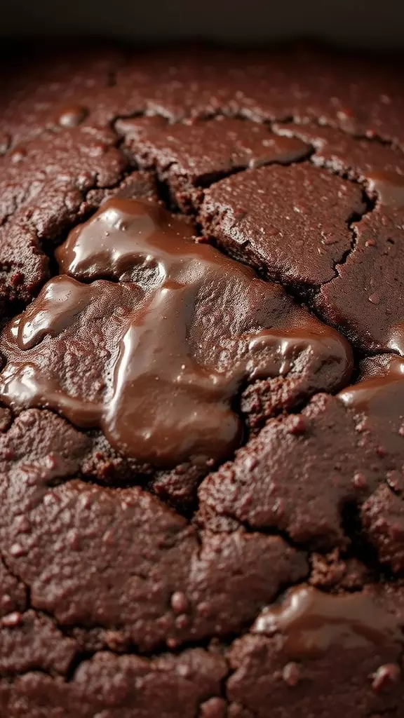 Close-up of a chocolate oatmeal cake with a glossy surface.