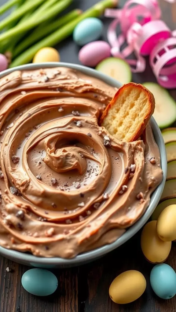 A bowl of chocolate peanut butter dip surrounded by colorful Easter eggs and a cookie for dipping.