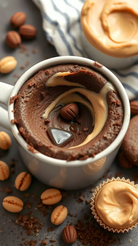 A chocolate peanut butter mug cake topped with a swirl of creamy peanut butter.