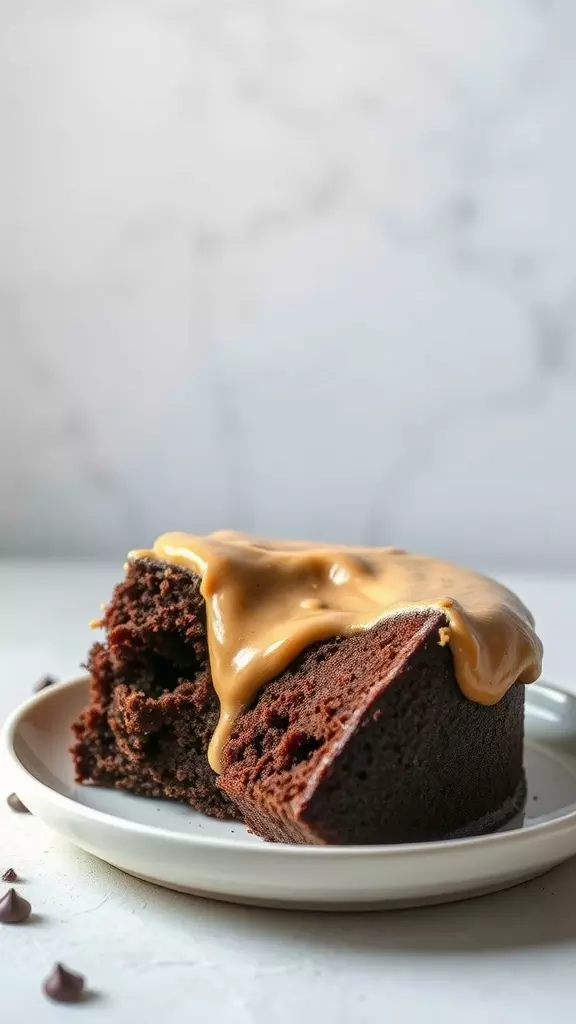 Slice of chocolate peanut butter poke cake on a plate