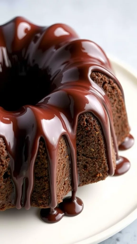 A delicious Chocolate Port Bundt Cake drizzled with chocolate sauce beside a bottle of wine.