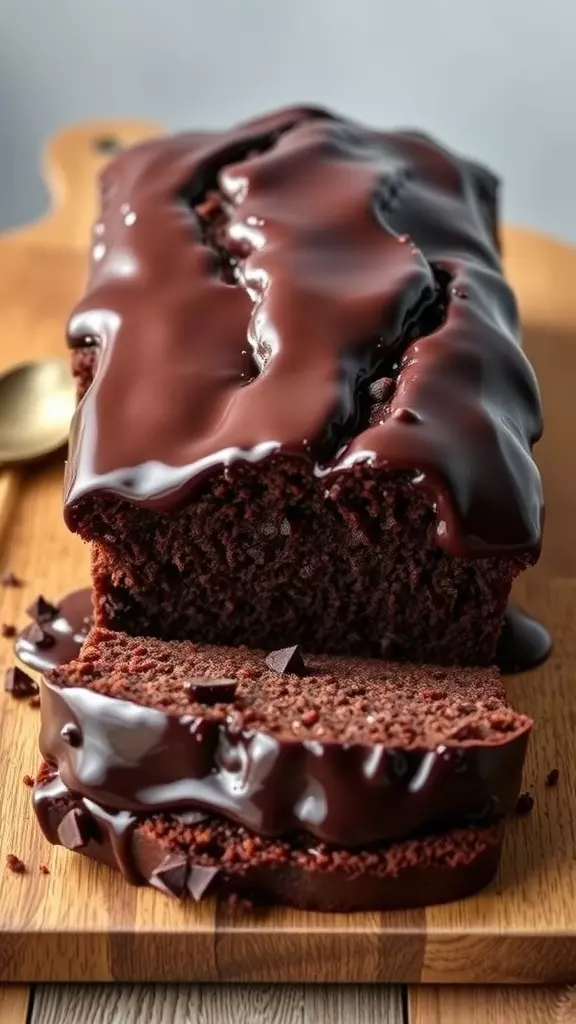 A delicious chocolate pound cake topped with glossy chocolate glaze.