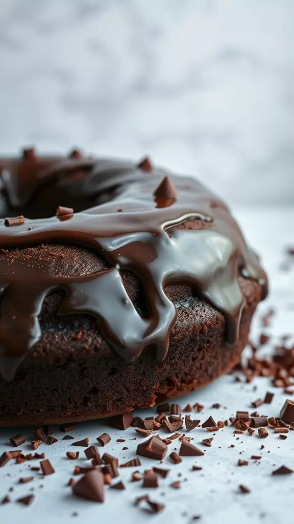 A delicious-looking chocolate pound cake with a glossy glaze and chocolate shavings on top.