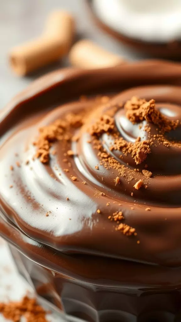 A close-up of creamy chocolate pudding topped with cocoa powder.