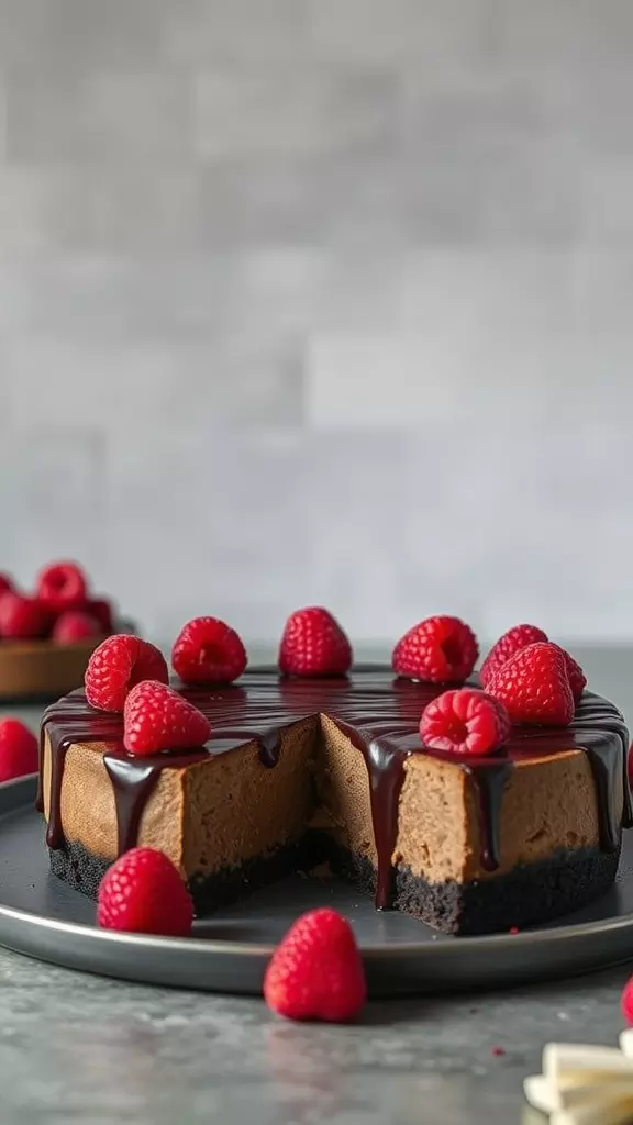 A decadent chocolate raspberry cheesecake topped with fresh raspberries and chocolate ganache.