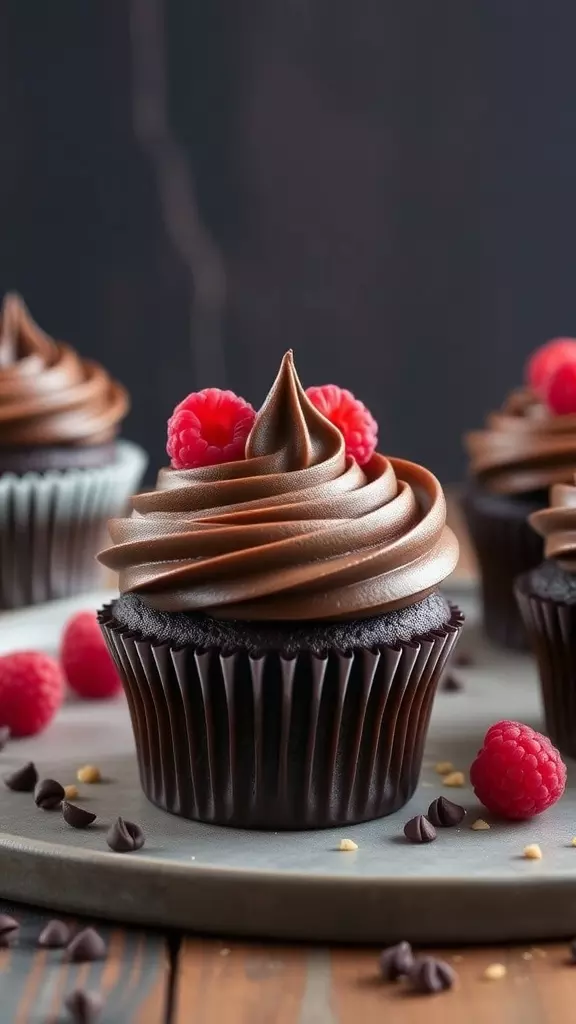 Delicious chocolate raspberry cupcake with rich frosting and fresh raspberries on top.