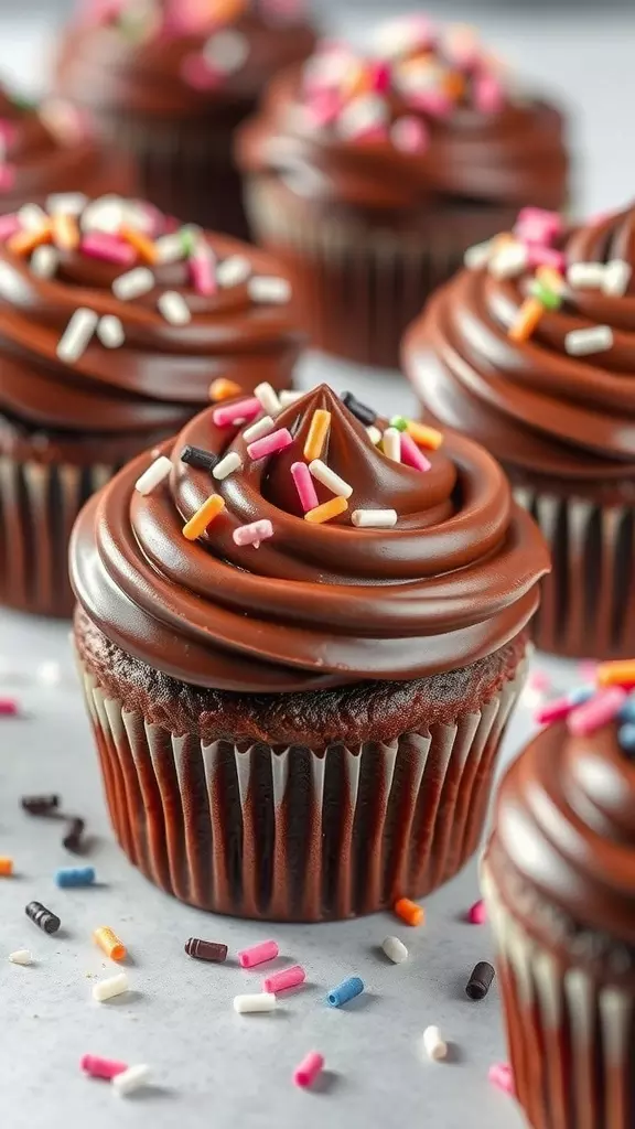 Close-up of chocolate shell cupcakes topped with colorful sprinkles.