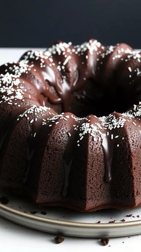 A beautifully decorated chocolate sour cream pound cake with chocolate glaze and sprinkles