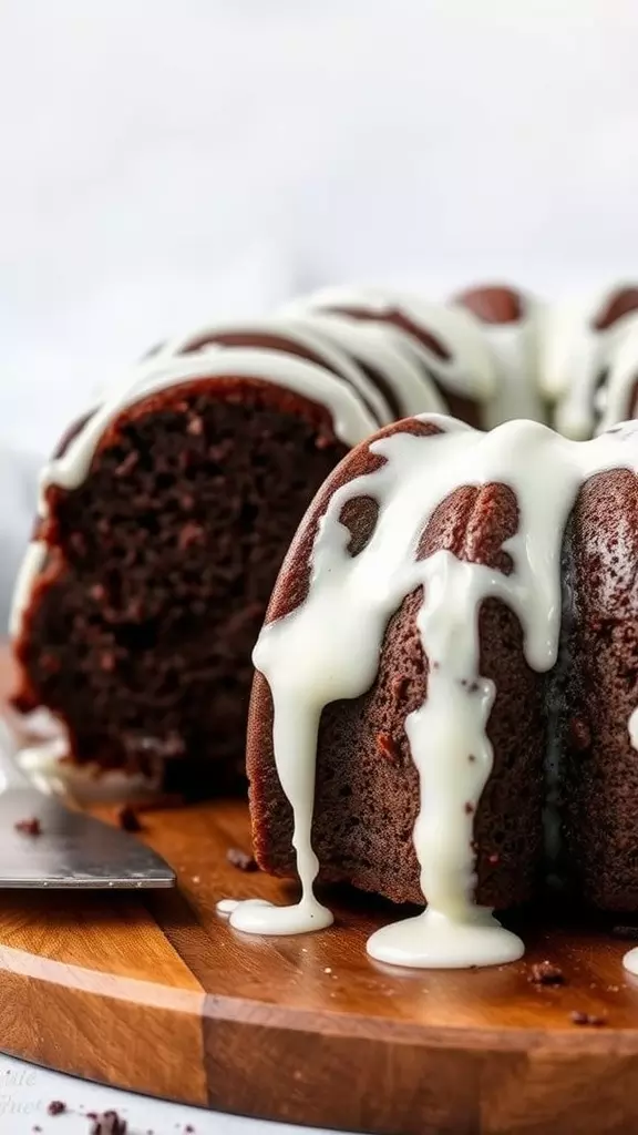 A slice of chocolate sour cream pound cake with white chocolate drizzle on a wooden board.