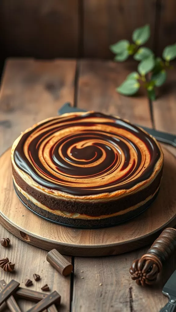 A delicious Chocolate Swirl Cheesecake on a wooden table.