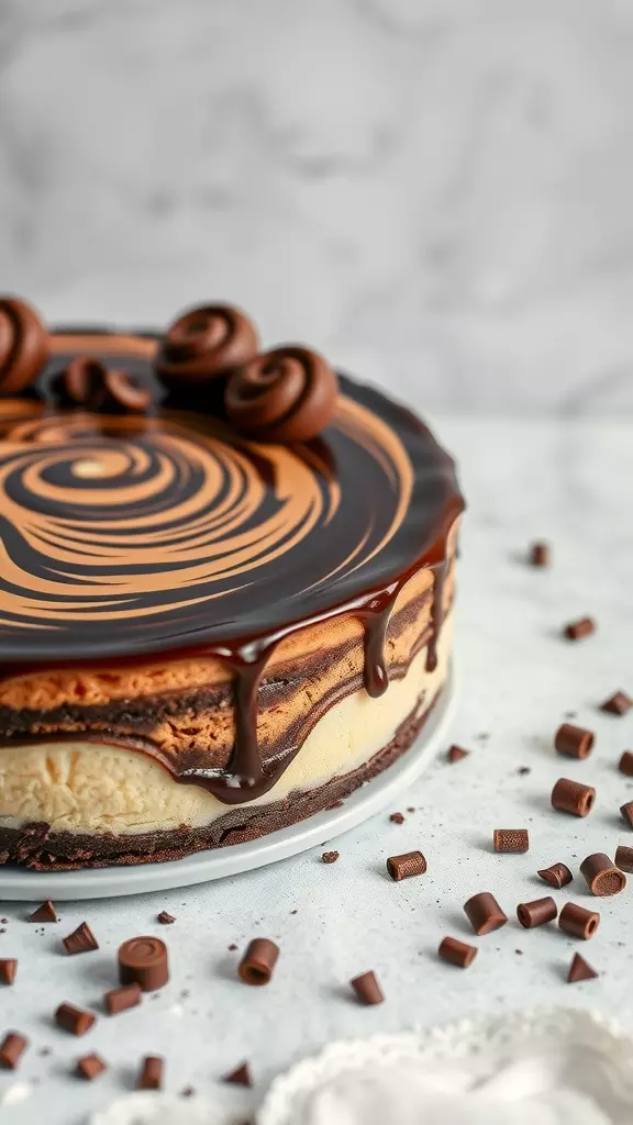 A delicious Chocolate Swirl Cheesecake topped with chocolate curls and drizzled chocolate.