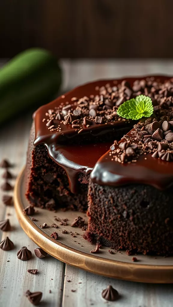 A rich chocolate zucchini cake topped with chocolate chips and mint leaves.