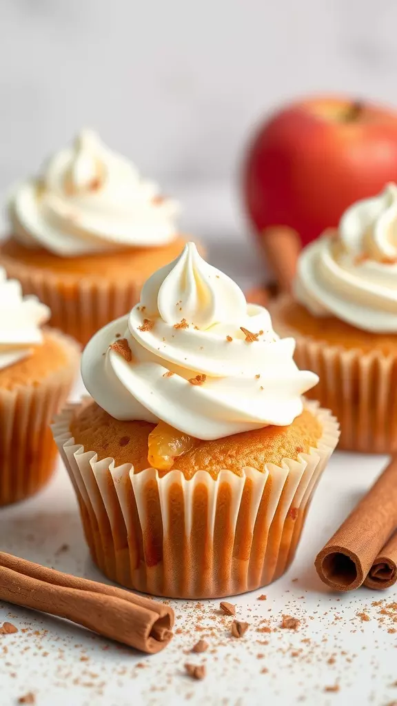 Cinnamon apple pie filled cupcakes with swirls of frosting and decorative elements