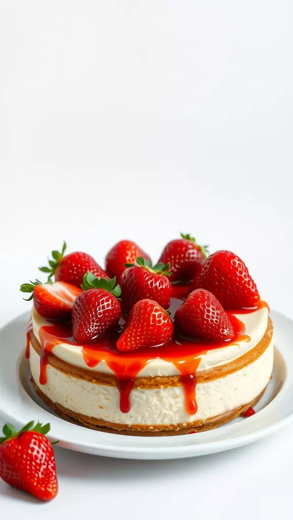 A classic New York Style Cheesecake topped with fresh strawberries and strawberry sauce