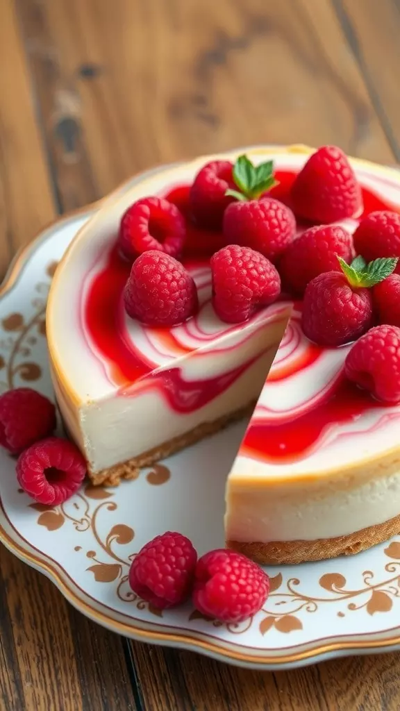 Classic Raspberry Swirl Cheesecake topped with fresh raspberries on a decorative plate