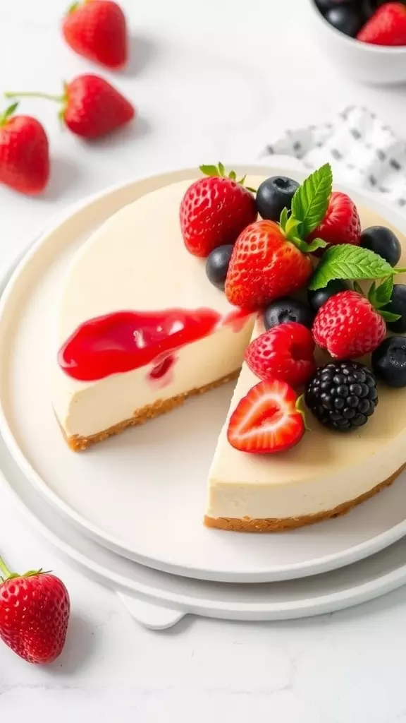 A delicious no bake cheesecake topped with fresh berries and mint leaves.