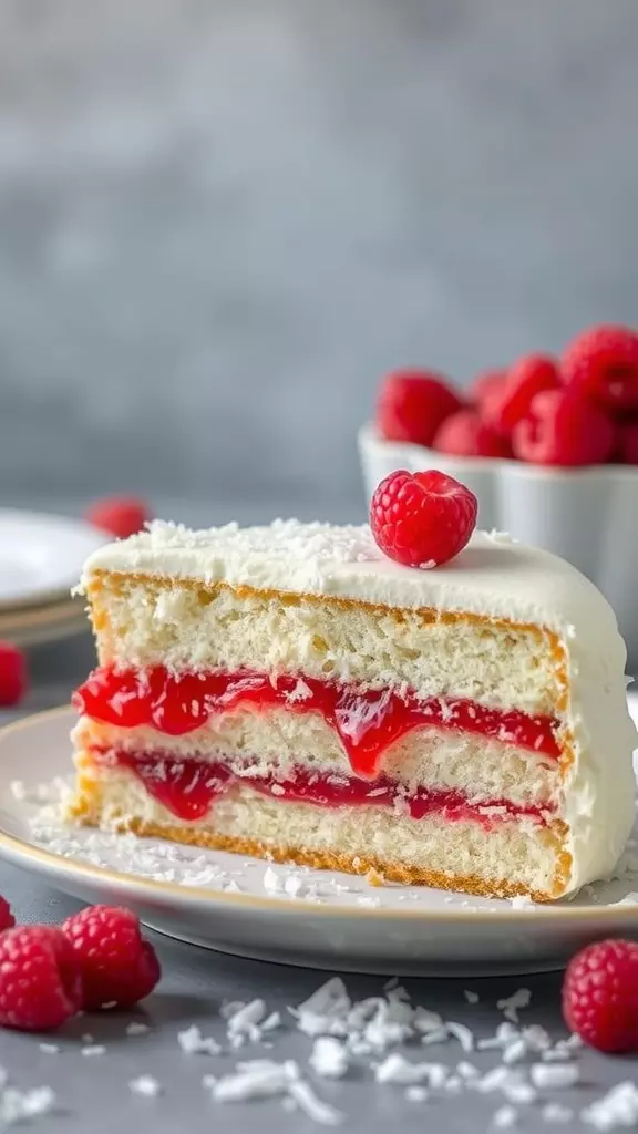 A slice of coconut and jam cake with raspberries on a plate.