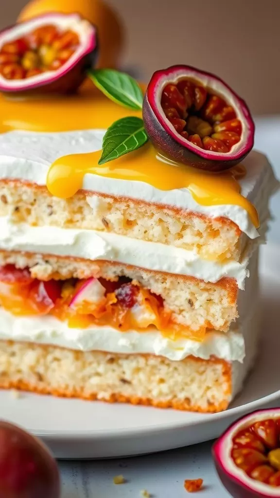 Coconut and Passion Fruit Curd Layer Cake with passion fruit on top