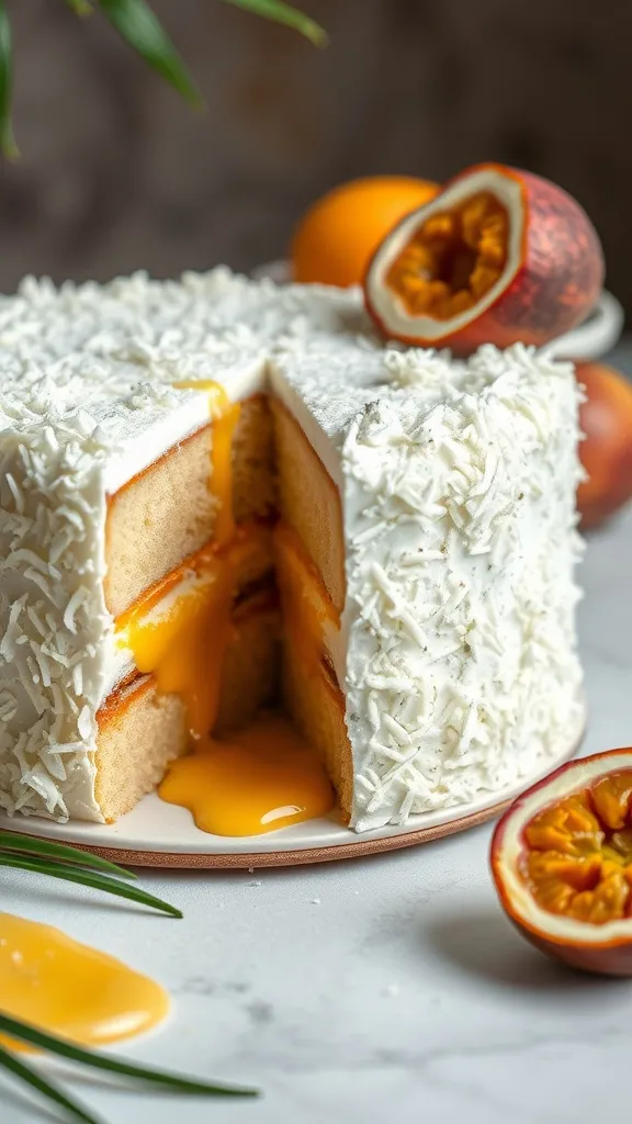 Tropical flavors take center stage in this Coconut and Passion Fruit Curd Layer Cake. With fluffy coconut sponge, a silky passion fruit curd filling, and a creamy coconut frosting, this cake is a showstopper. The bright, tangy curd pairs perfectly with the rich coconut, making every bite feel like a tropical escape! 🌴✨