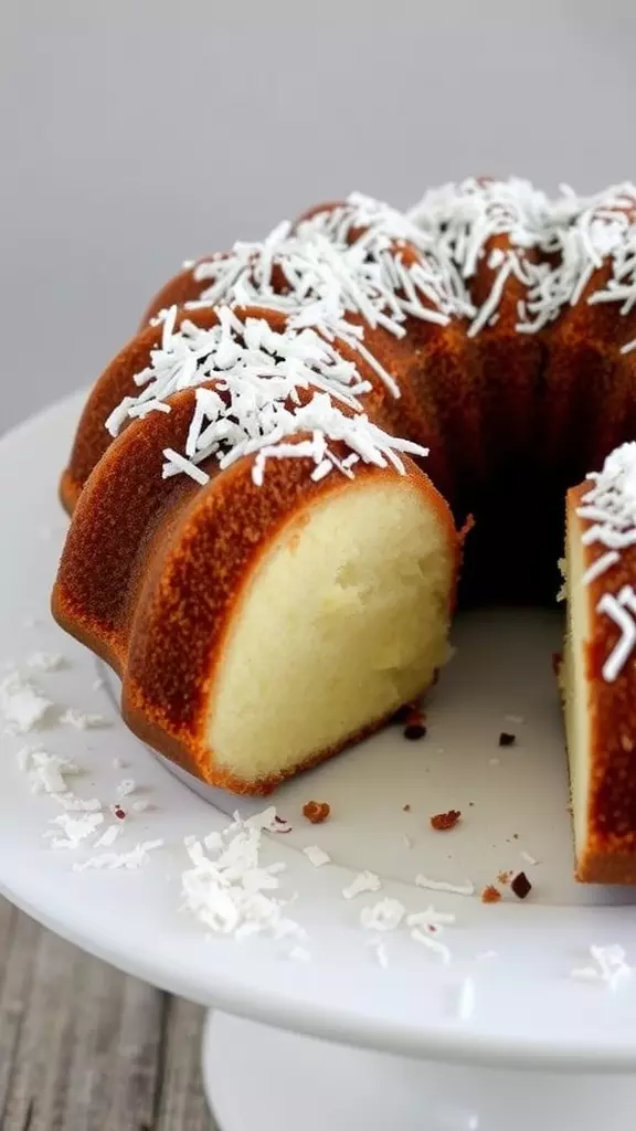 A beautifully baked coconut bundt cake garnished with shredded coconut.