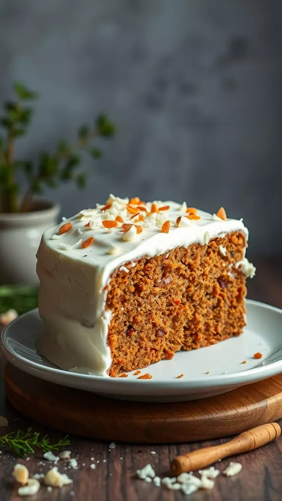 A slice of coconut carrot cake on a plate with cream cheese frosting and nuts on top.