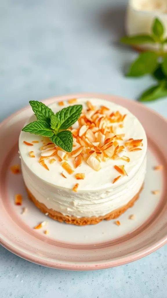 A delicious coconut cream cheesecake topped with toasted coconut flakes and a mint leaf on a light plate.