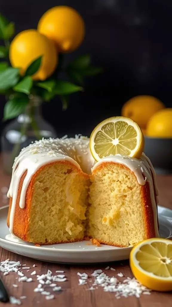 A sliced Coconut Lemon Bundt Cake garnished with lemon slices and coconut flakes.