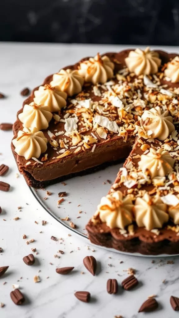 A delicious Coconut Mocha Pie topped with whipped cream and toasted coconut.