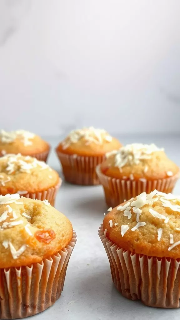 Freshly baked coconut muffins topped with shredded coconut